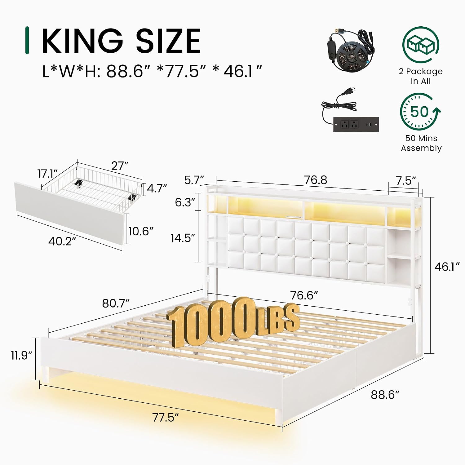 King Size Bed Frame With Storage Drawers - إطار سرير خشبي بحجم كينج مع