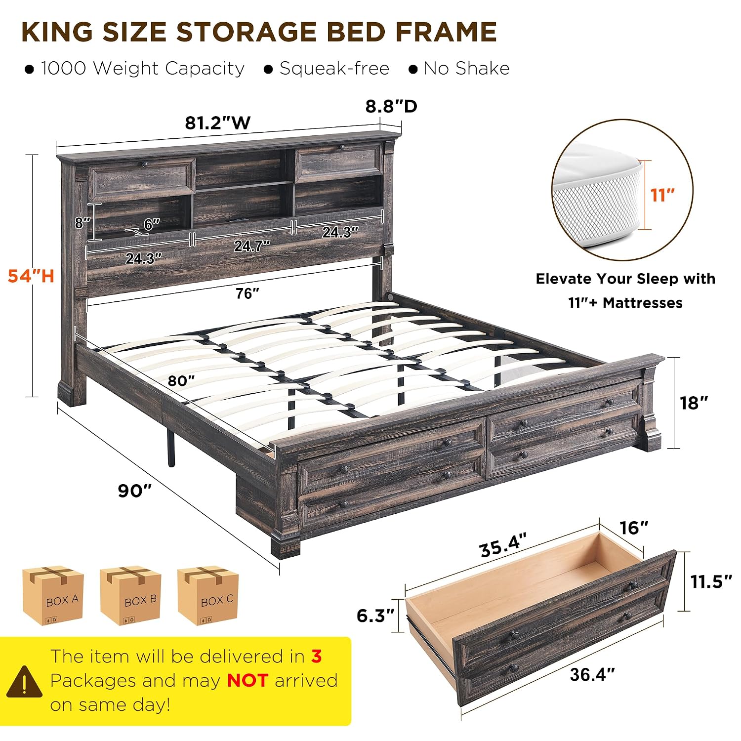 King Size Bed Frame With Storage Drawers - إطار سرير بحجم كينج مع لوح