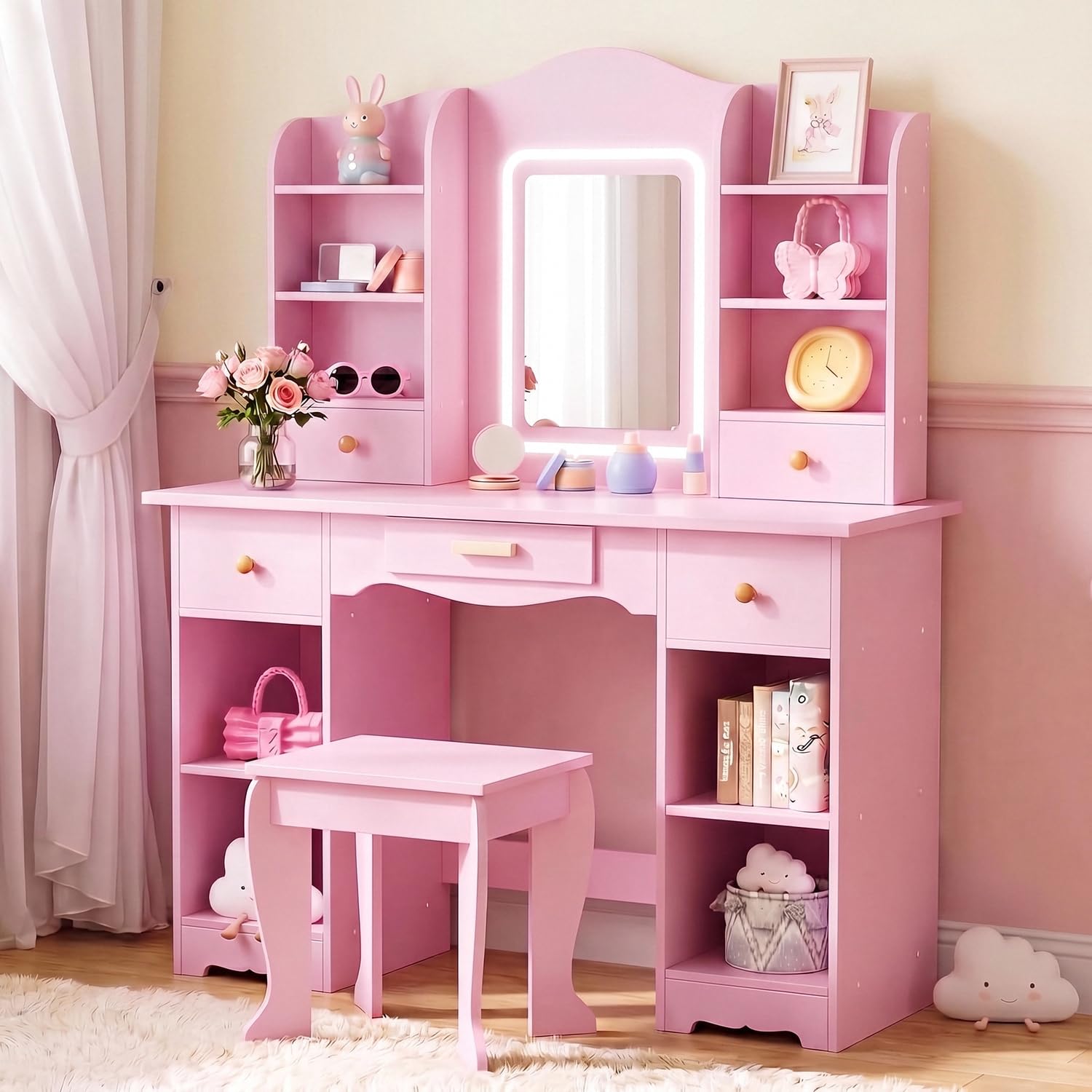 Dressing Table Vanity With Lighted Mirror - طاولة تجميل للأطفال مع إضاءة بثلاثة