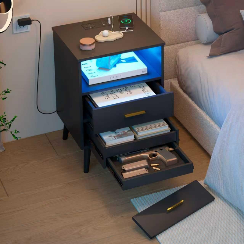Solid Wood Nightstand 2 Drawers - حامل ليلي مع درج شحن طاولة