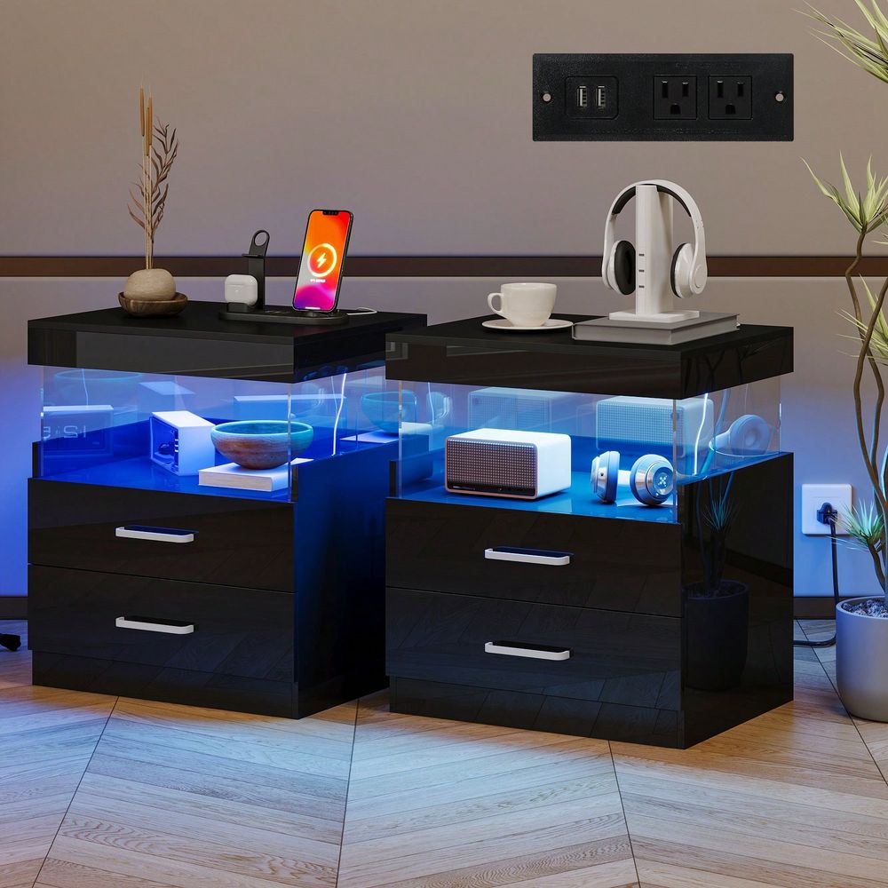 Floating Nightstand With Led Light - طاولة جانبية سوداء بإضاءة LED مع