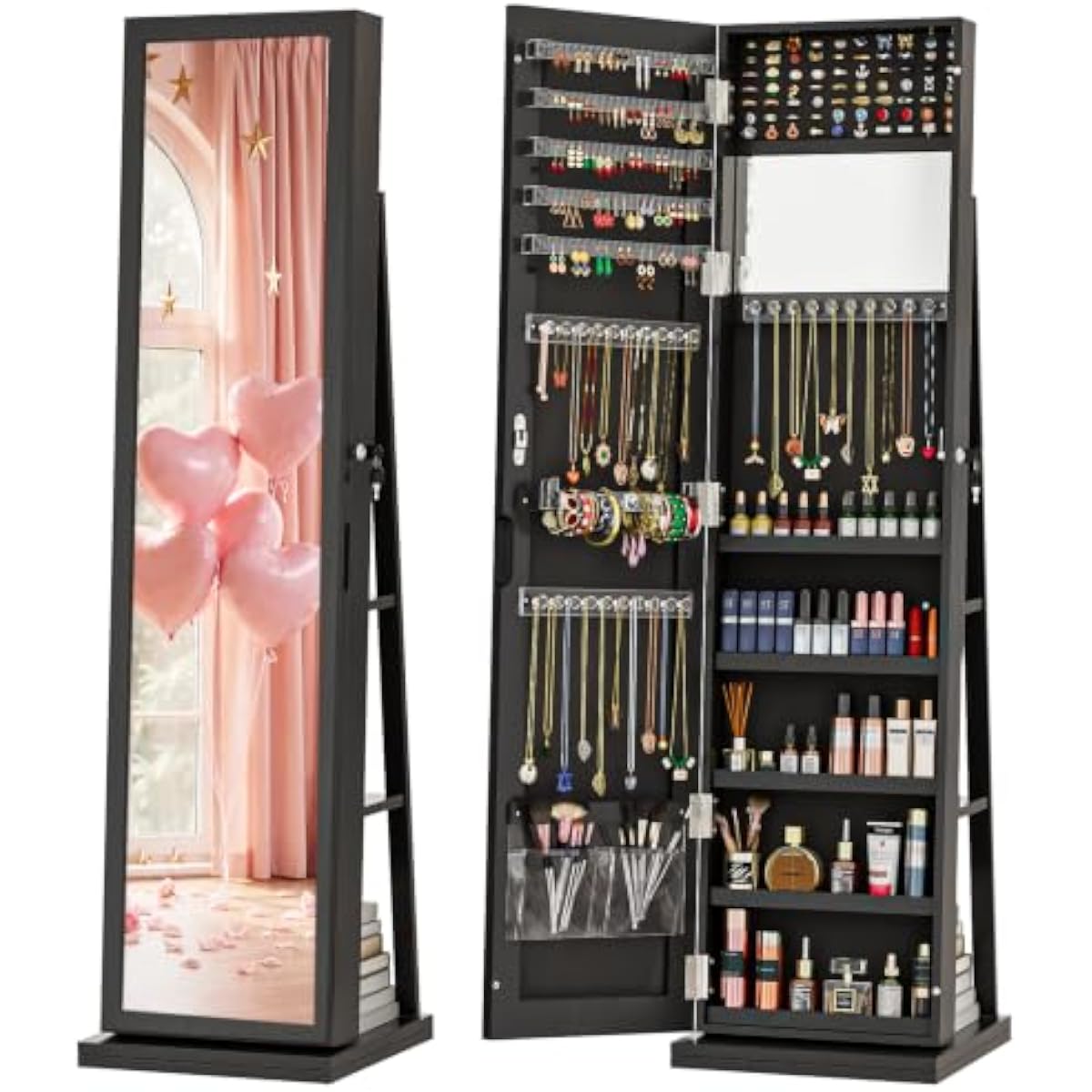 Full Length Mirror Jewelry Armoire - خزانة مجوهرات أنيقة سوداء قائمة بذاتها