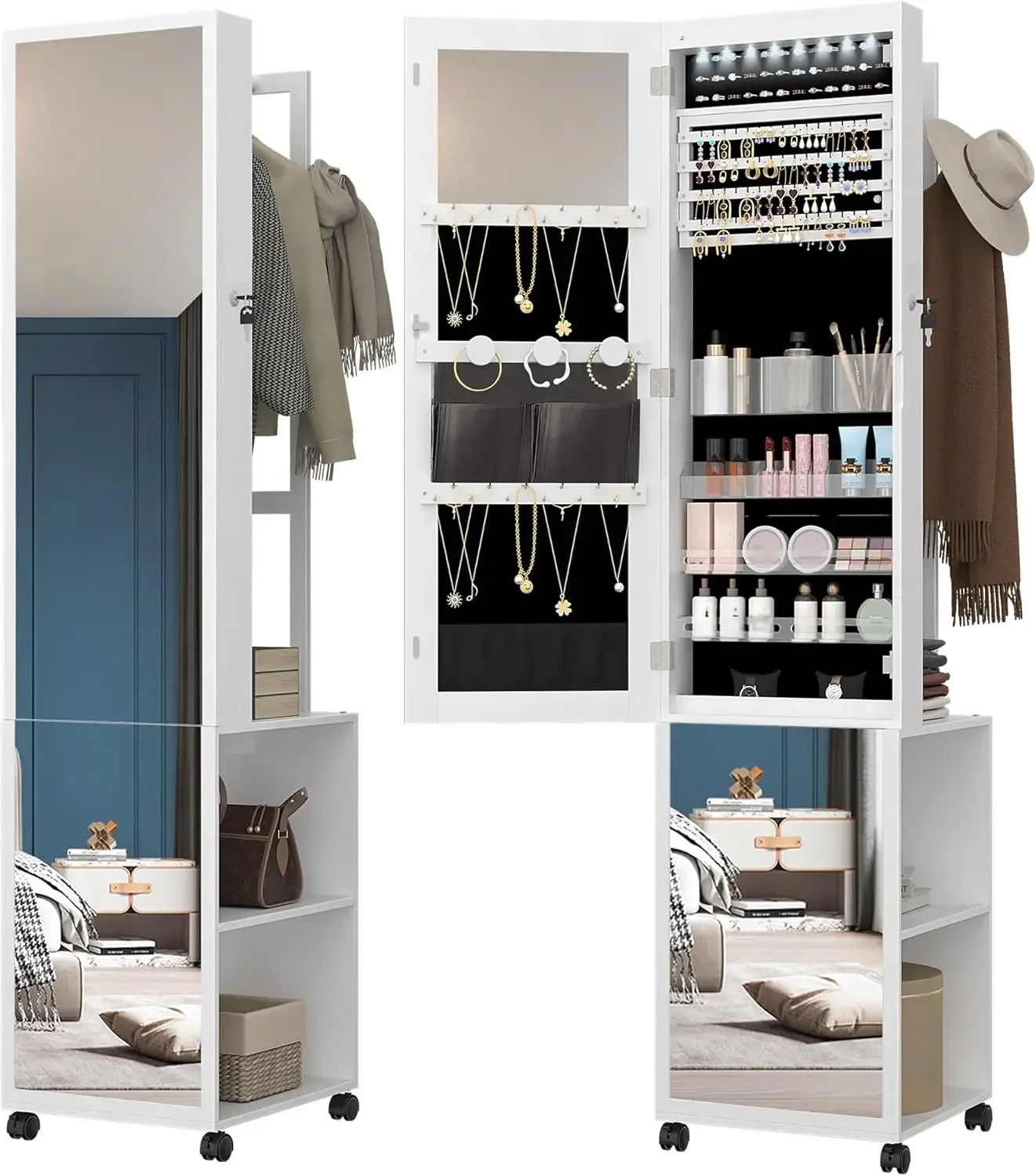 Full Length Mirror Jewelry Armoire - خزانة مجوهرات مزودة بـ 8 مصابيح