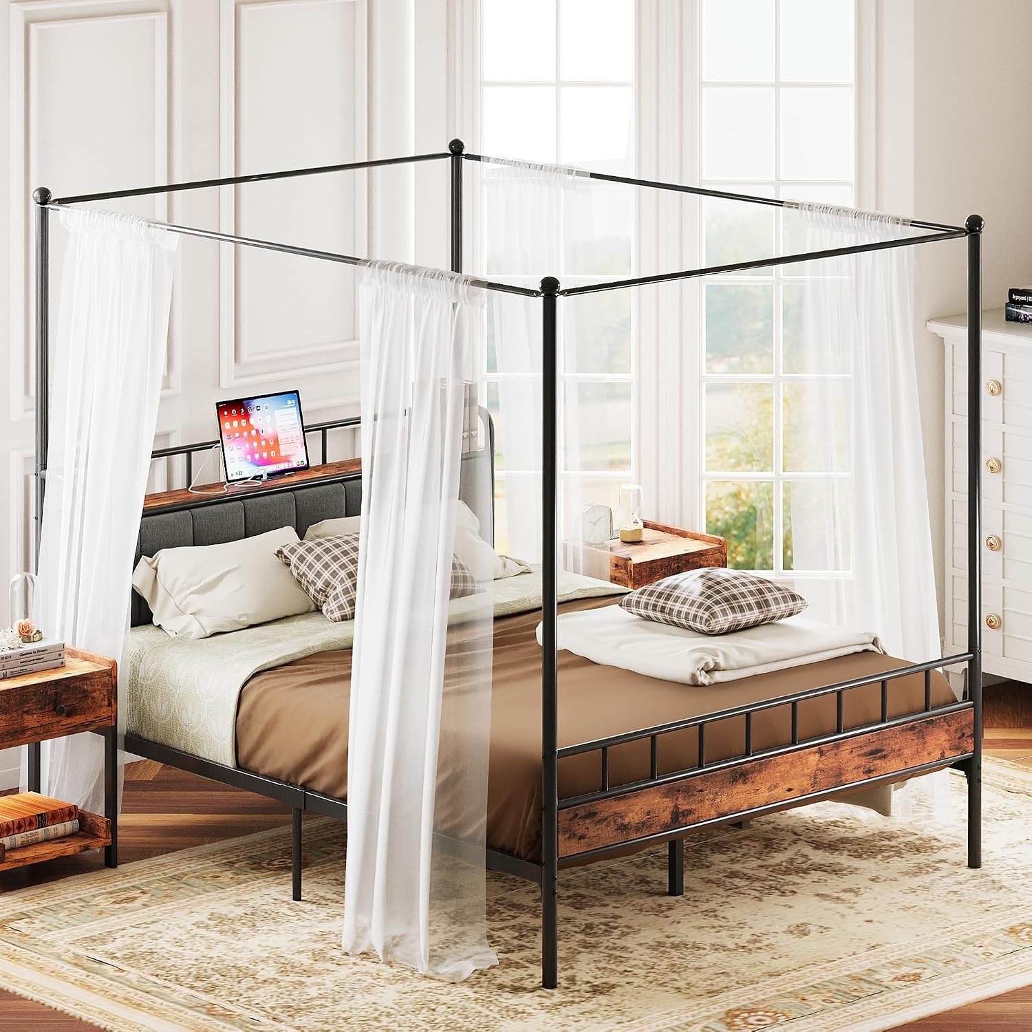 Canopy Bed Frame Metal Queen - إطار سرير كوين مع مسند رأس