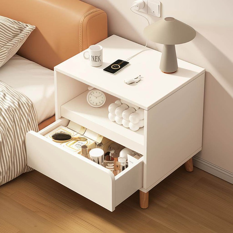 Solid Wood Nightstand 2 Drawers - طاولة سرير بيضاء لغرفة النوم مع