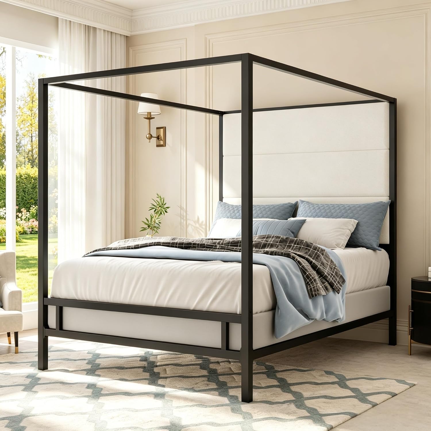 Canopy Bed Frame Metal Queen - سرير كوين مزود بمظلة، مغطى بالمخمل،