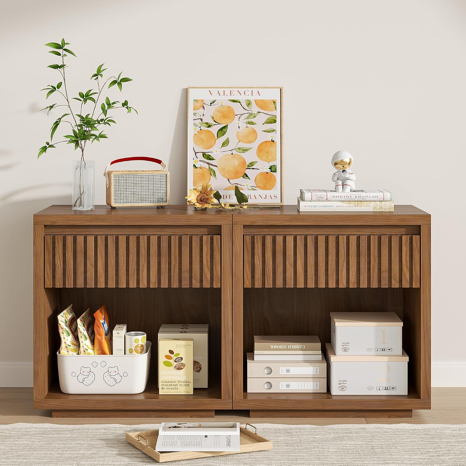 Solid Wood Nightstand 2 Drawers - طقم من طاولتي جانبية للسرير، كل