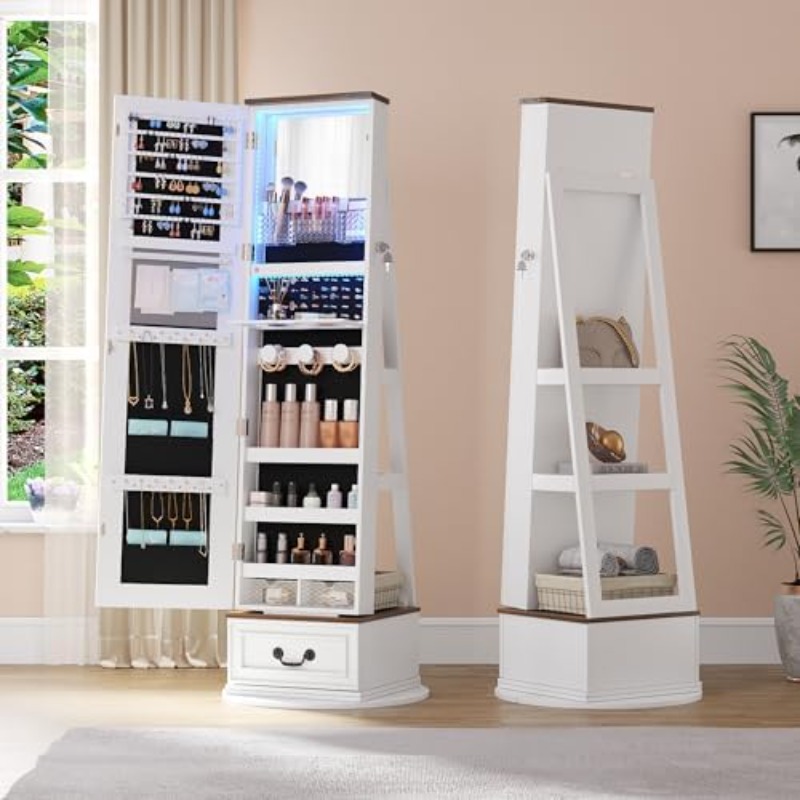 Full Length Mirror Jewelry Armoire - 360 ° خزانة مجوهرات دوارة مع