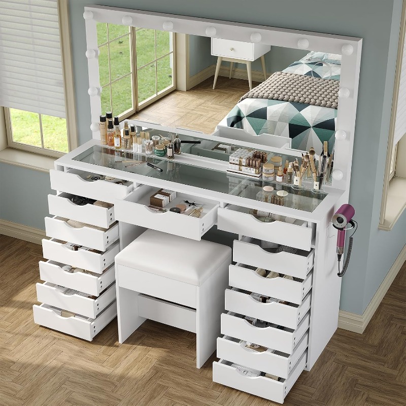 Dressing Table Vanity With Lighted Mirror - طاولة تجميل يانوساكو مع مرآة وإضاءة،