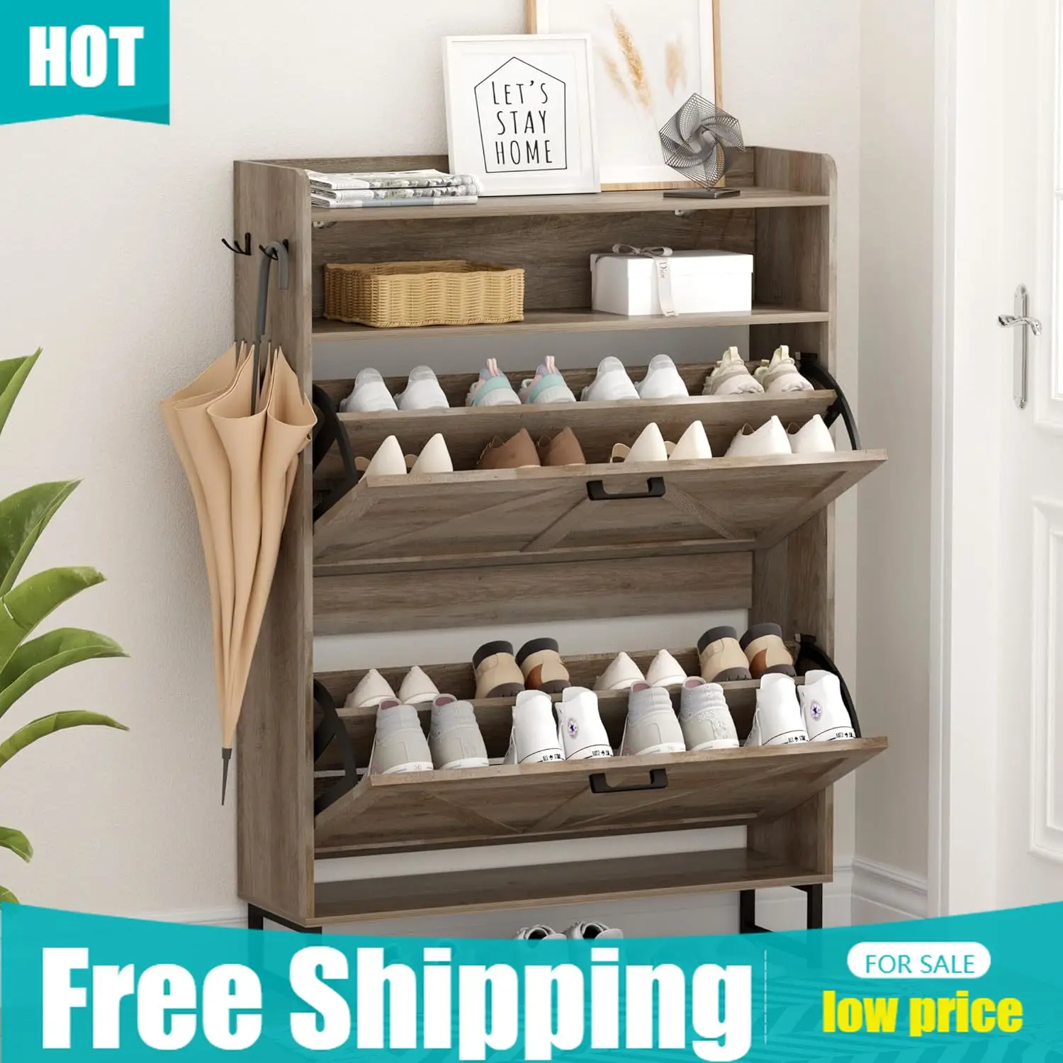 Shoe Rack Cabinet Narrow Entryway - خزانة أحذية بـ2 درج قابل للطي،