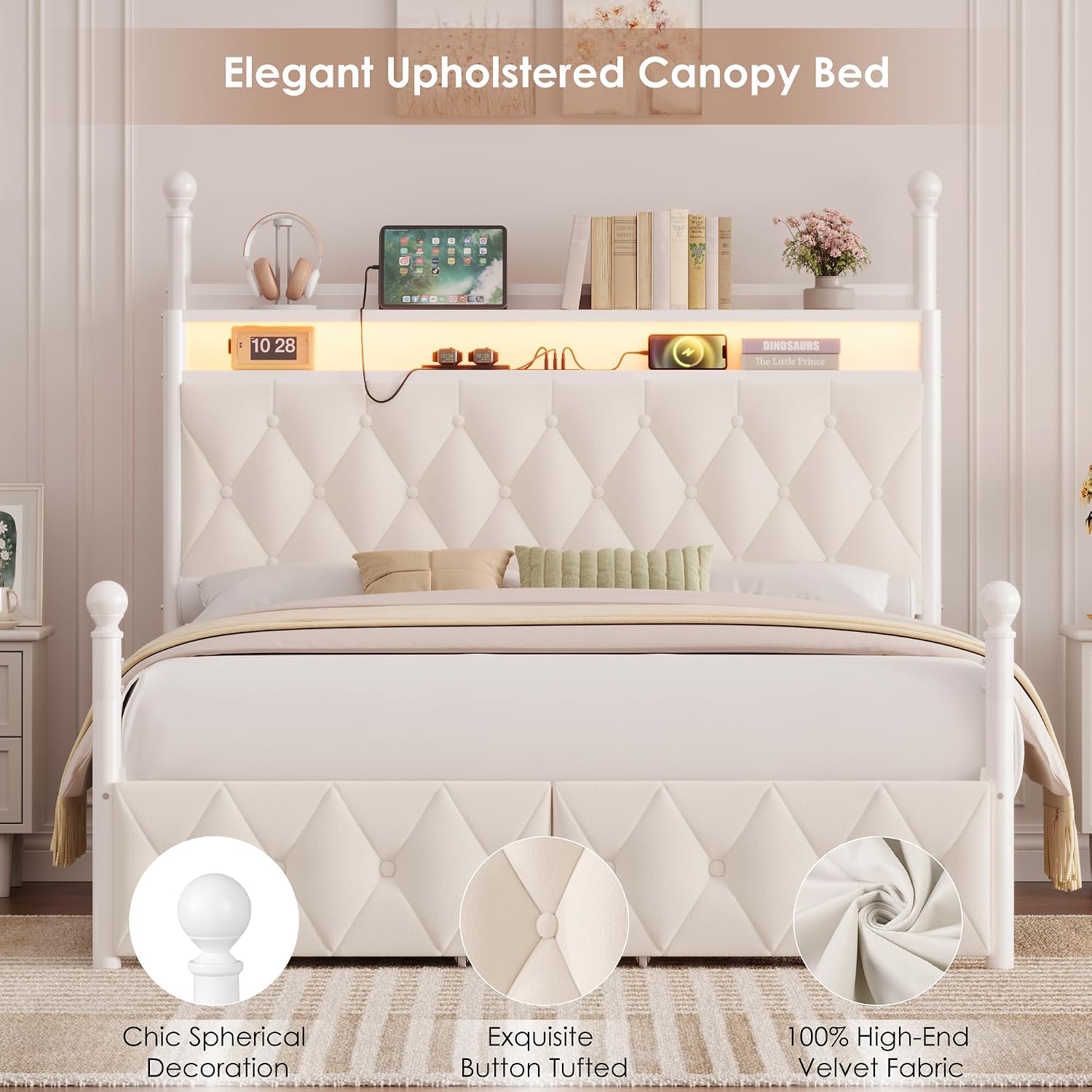 إطار سرير بحجم كوين مع إضاءة L - مراجعة Canopy Bed Frame Metal Queen وسعره
