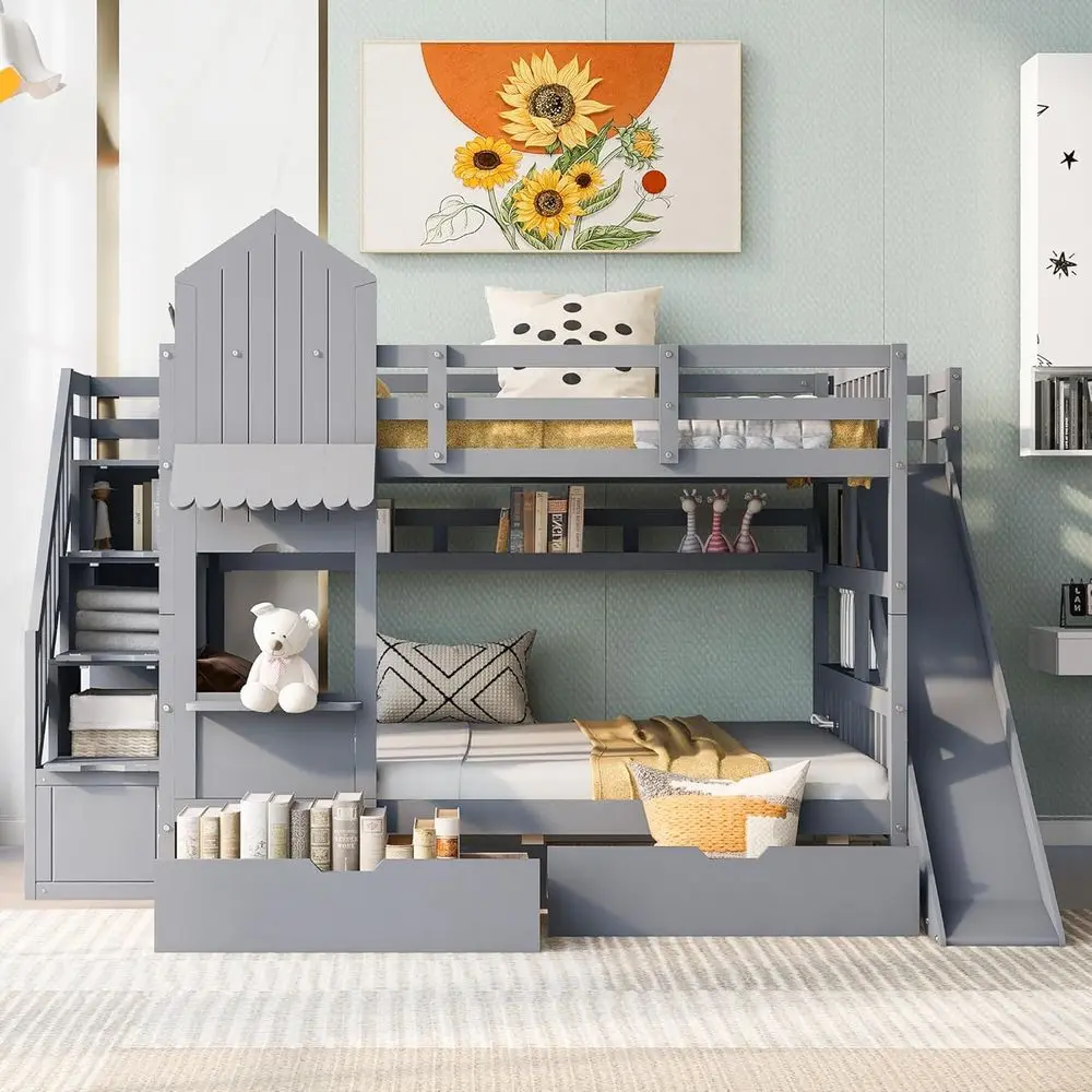 سرير بطابقين كامل الحجم مع درج - مراجعة Bunk Bed With Stairs And Slide وسعره