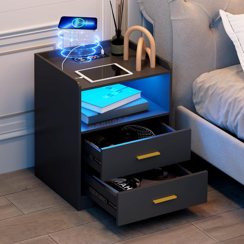 منضدة LED سوداء مع محطة شحن حد - مراجعة Solid Wood Nightstand 2 Drawers وسعره