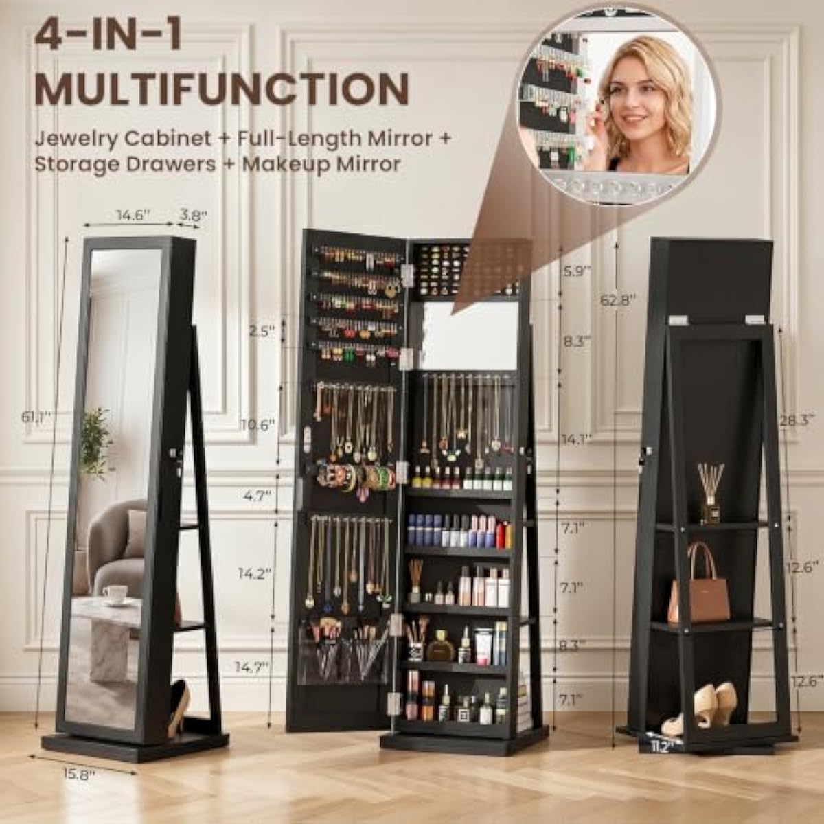خزانة مجوهرات أنيقة سوداء قائم - مراجعة Full Length Mirror Jewelry Armoire وسعره