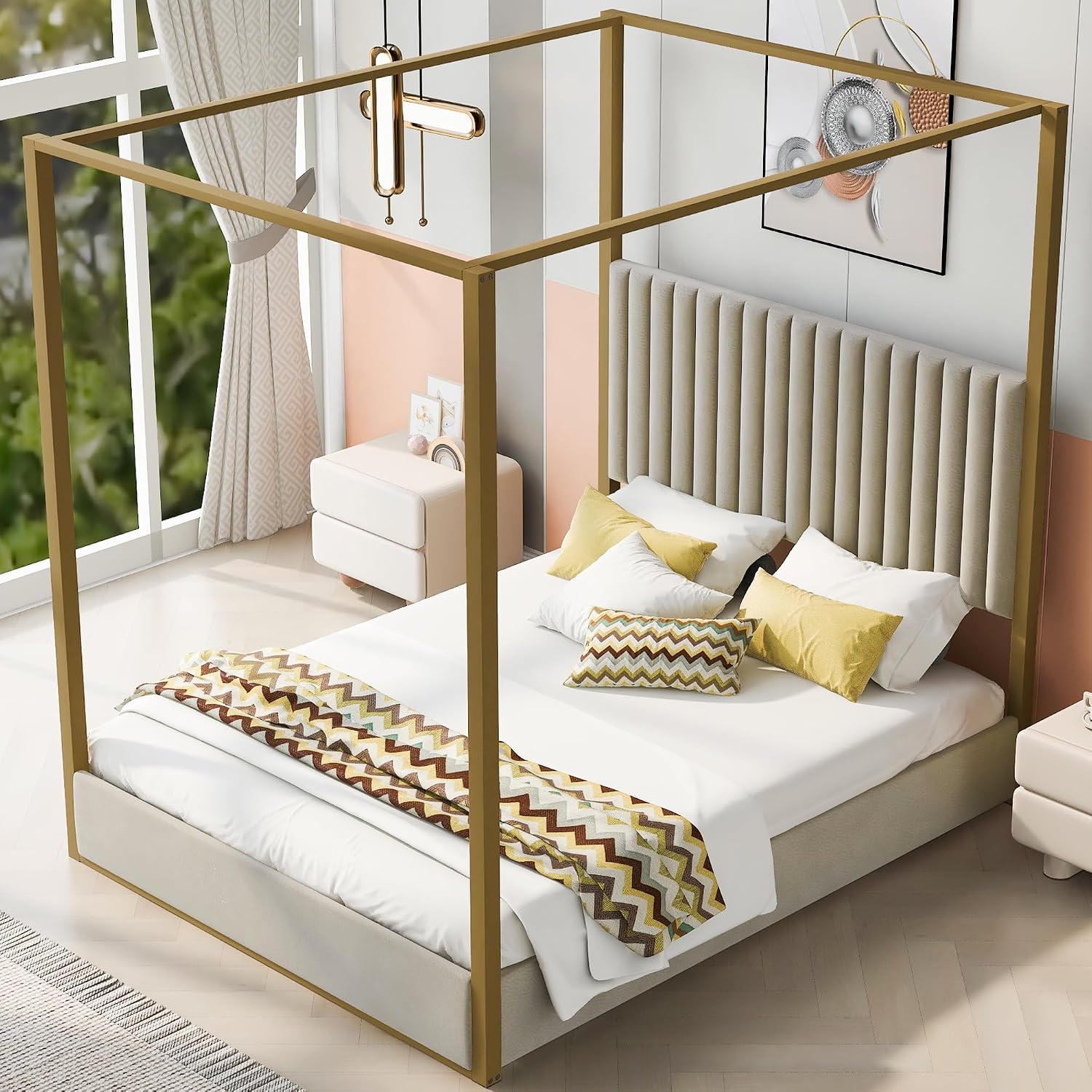 سرير عصري بتصميم 4-Poster مع م - مراجعة Canopy Bed Frame Metal Queen وسعره