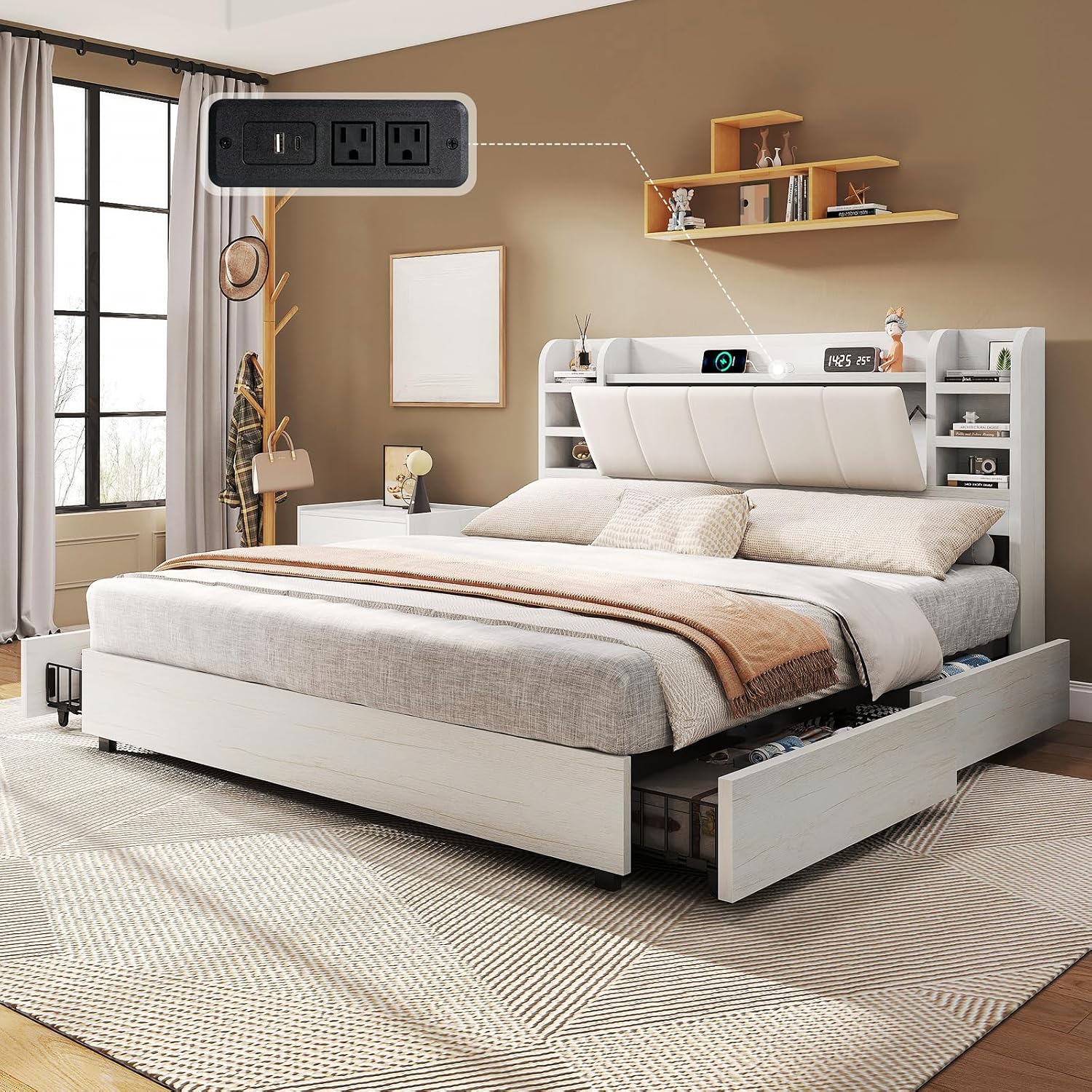 سرير بحجم كينج مبطن مع رأس سري - مراجعة King Size Bed Frame With Storage Drawers وسعره