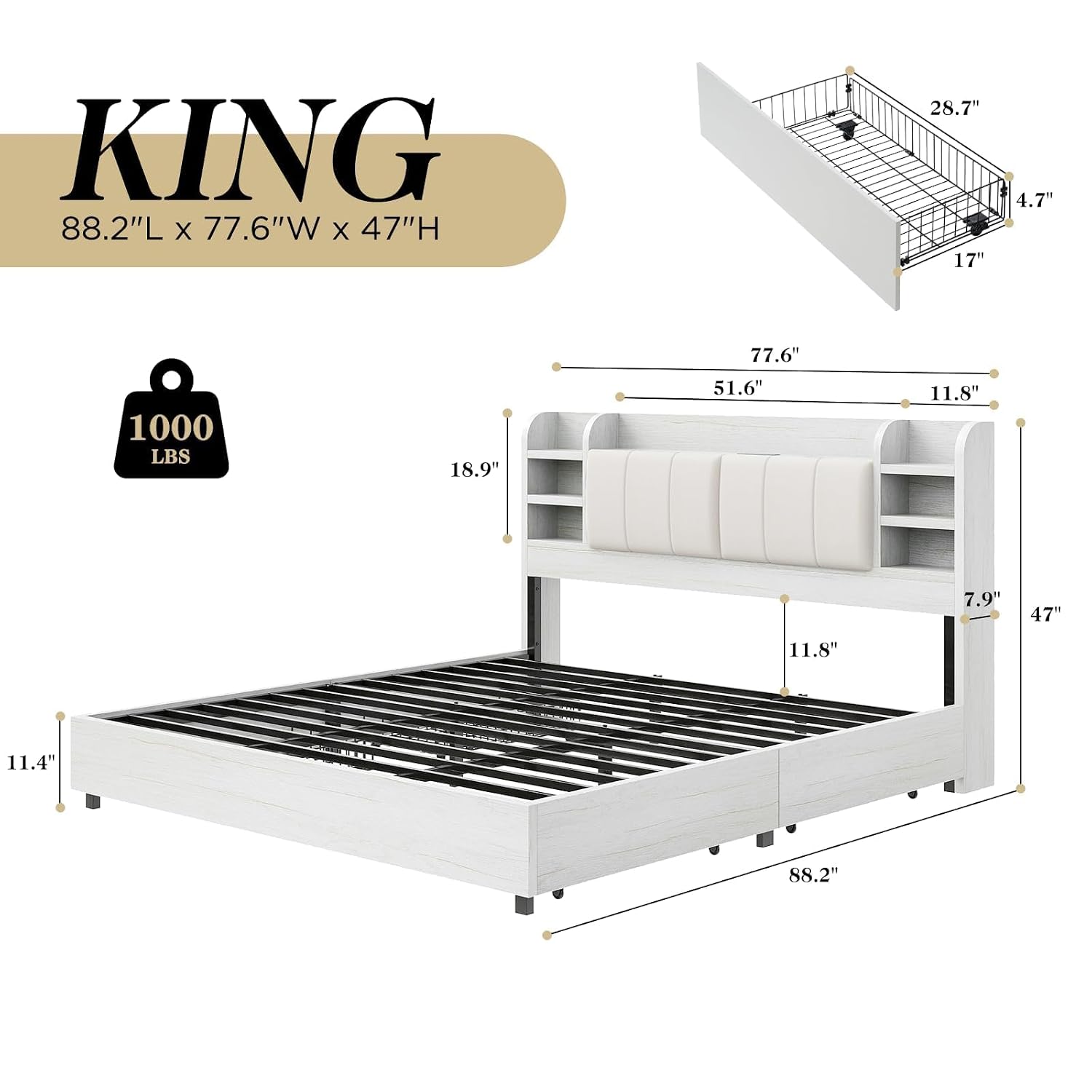 سرير بحجم كينج مبطن مع رأس سري - مراجعة King Size Bed Frame With Storage Drawers وسعره