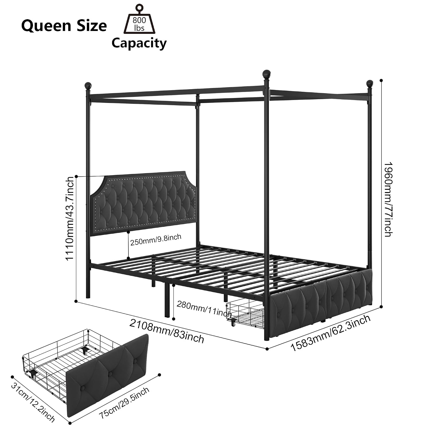 إطار سرير كوين مع مظلة ودرجات  - مراجعة Canopy Bed Frame Metal Queen وسعره