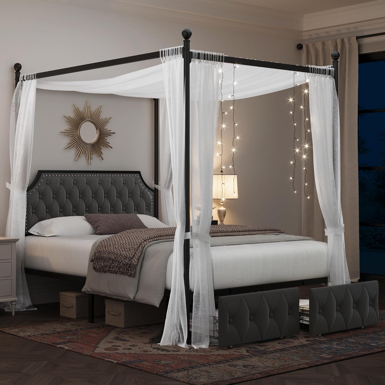 إطار سرير كوين مع مظلة ودرجات  - مراجعة Canopy Bed Frame Metal Queen وسعره