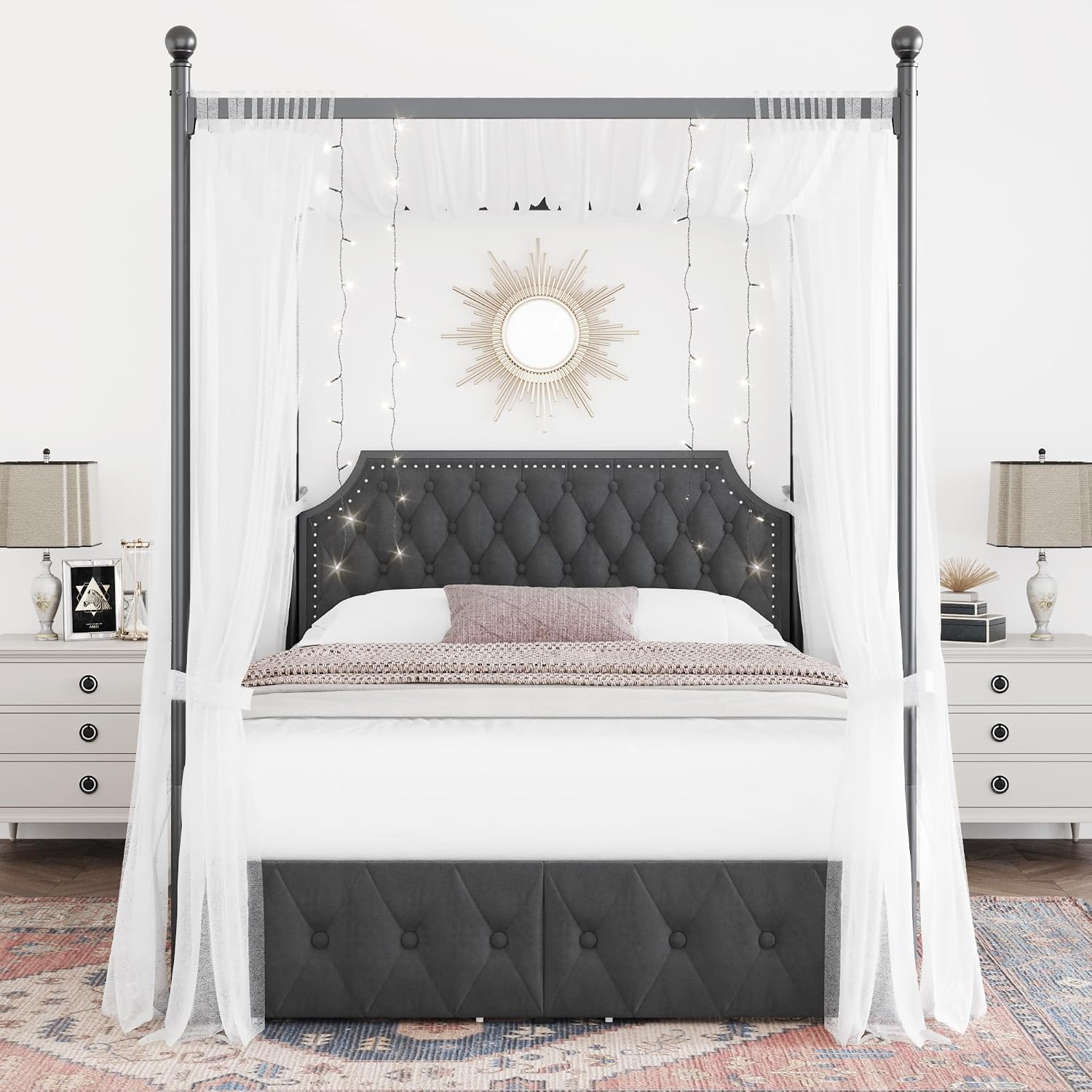 إطار سرير كوين مع مظلة ودرجات  - مراجعة Canopy Bed Frame Metal Queen وسعره