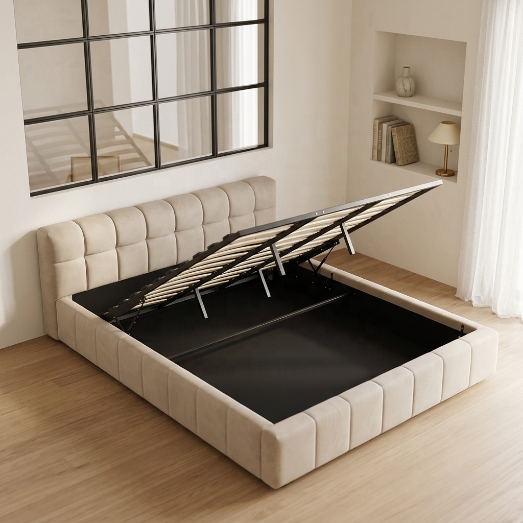 سرير حديث مبطن وناعم مع تخزين  - مراجعة Gas Lift Storage Bed Hydraulic وسعره